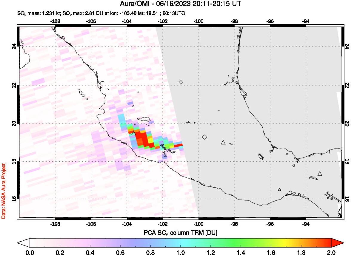 A sulfur dioxide image over Mexico on Jun 16, 2023.