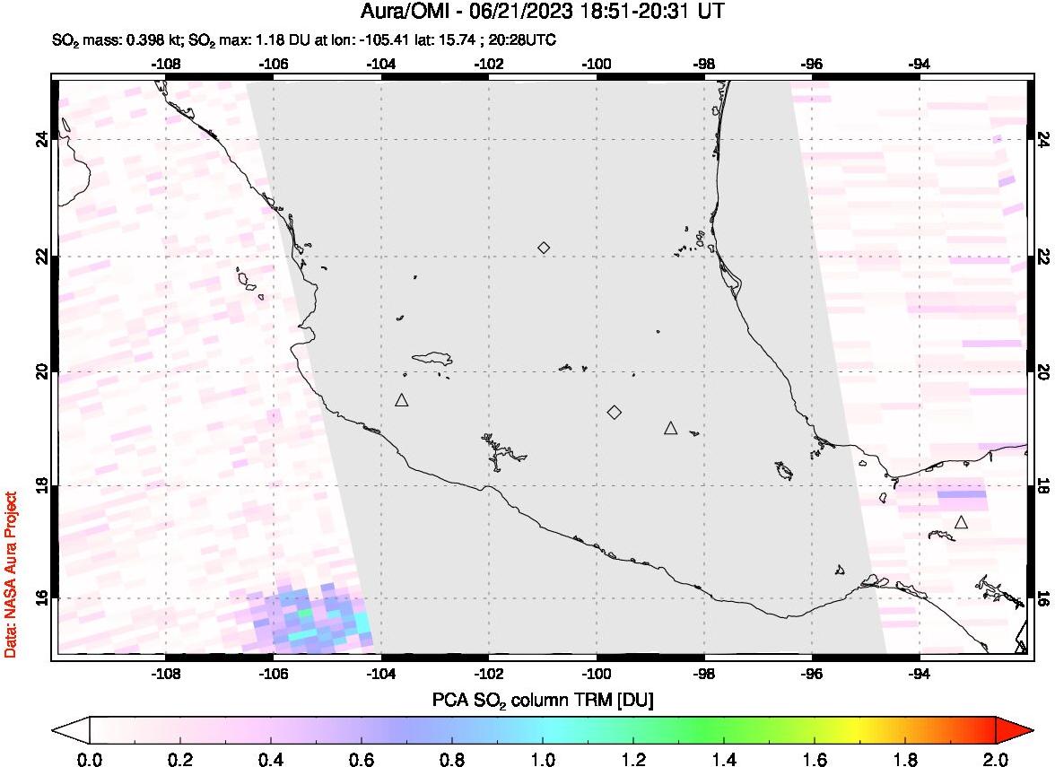 A sulfur dioxide image over Mexico on Jun 21, 2023.