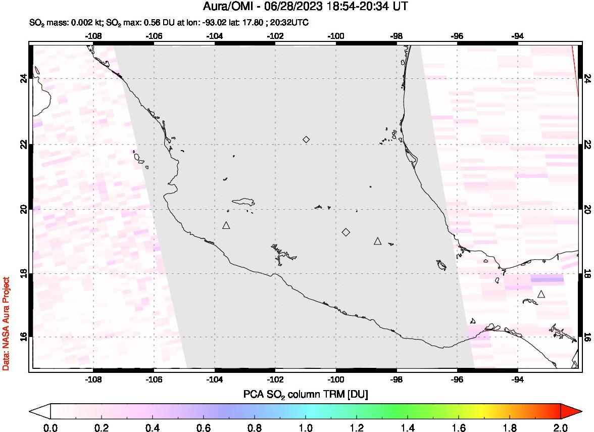 A sulfur dioxide image over Mexico on Jun 28, 2023.