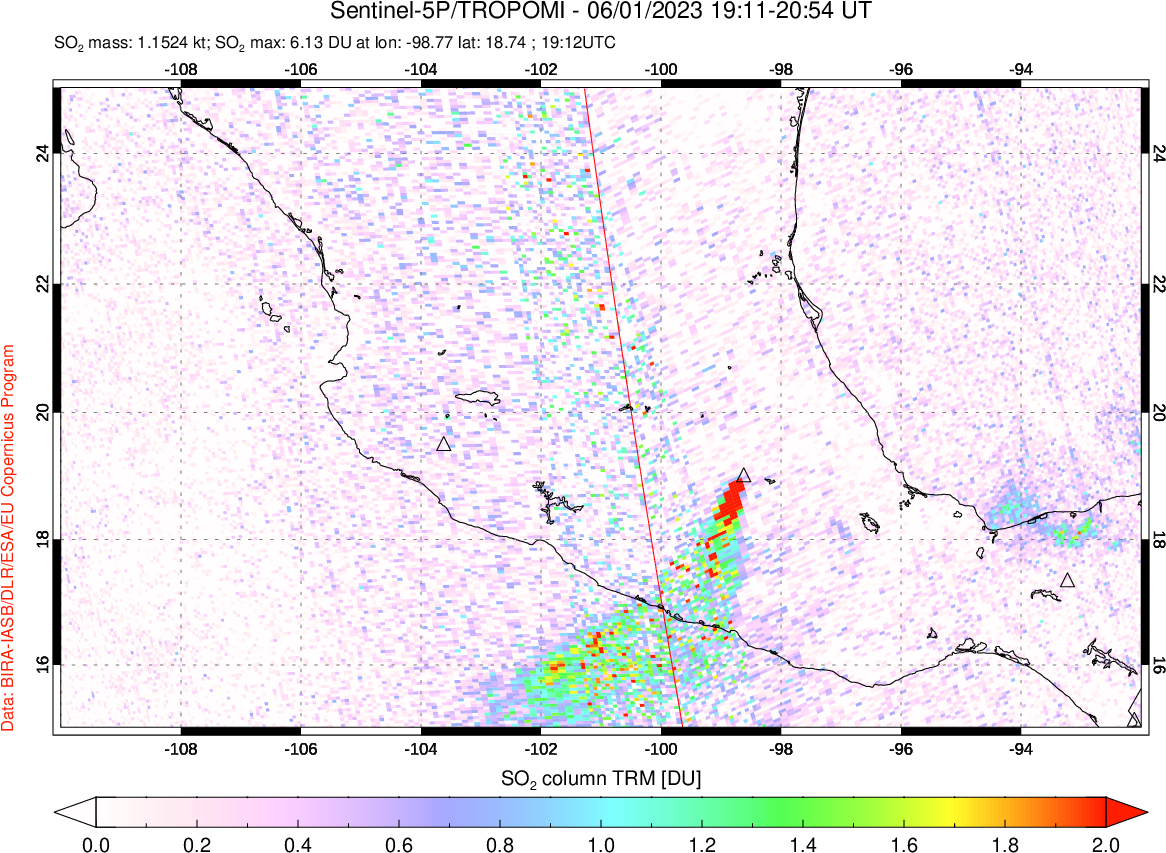 A sulfur dioxide image over Mexico on Jun 01, 2023.