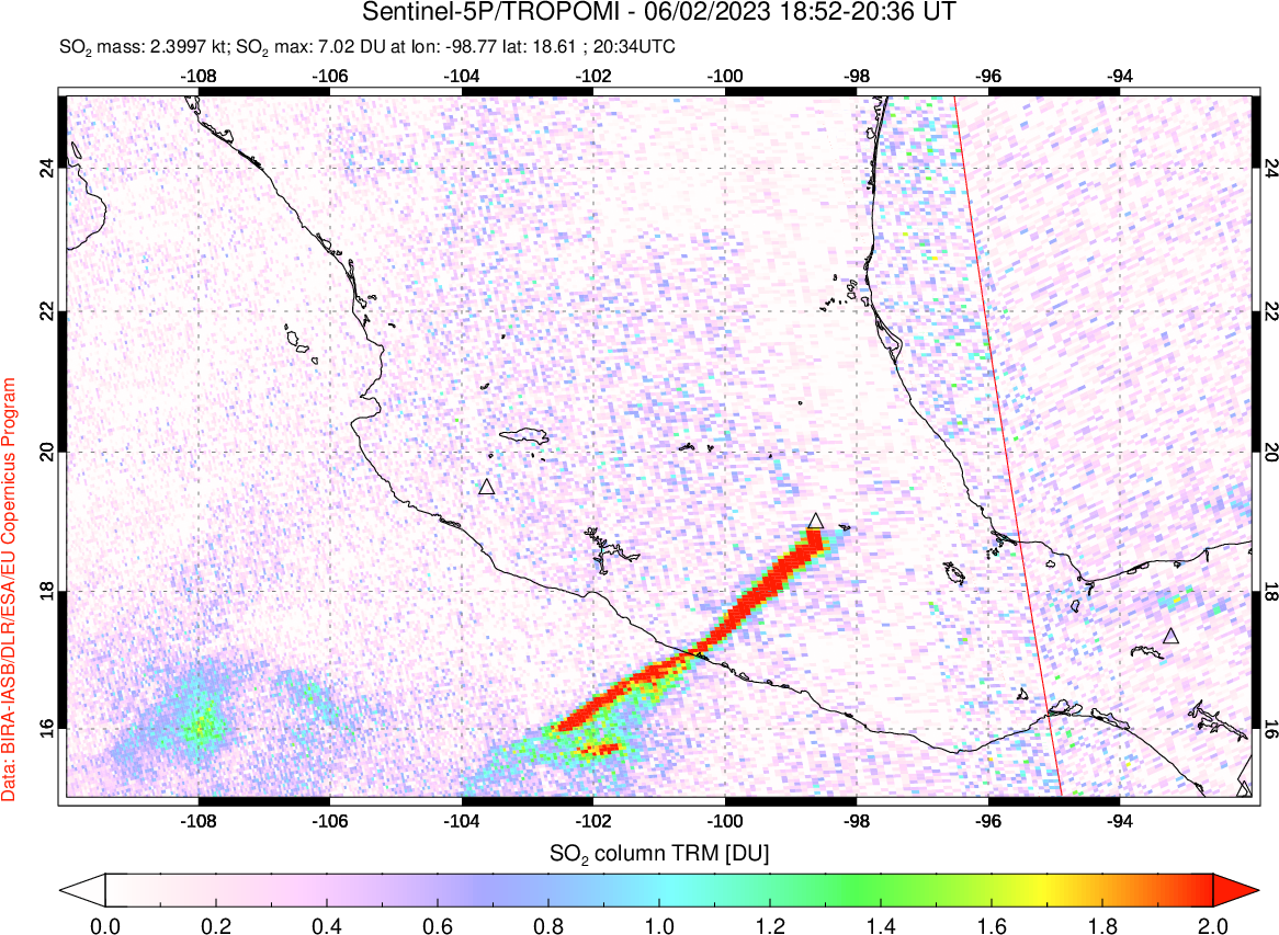 A sulfur dioxide image over Mexico on Jun 02, 2023.