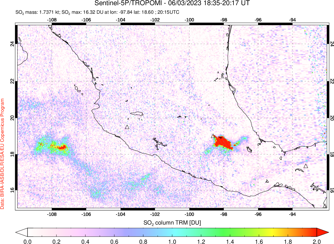 A sulfur dioxide image over Mexico on Jun 03, 2023.