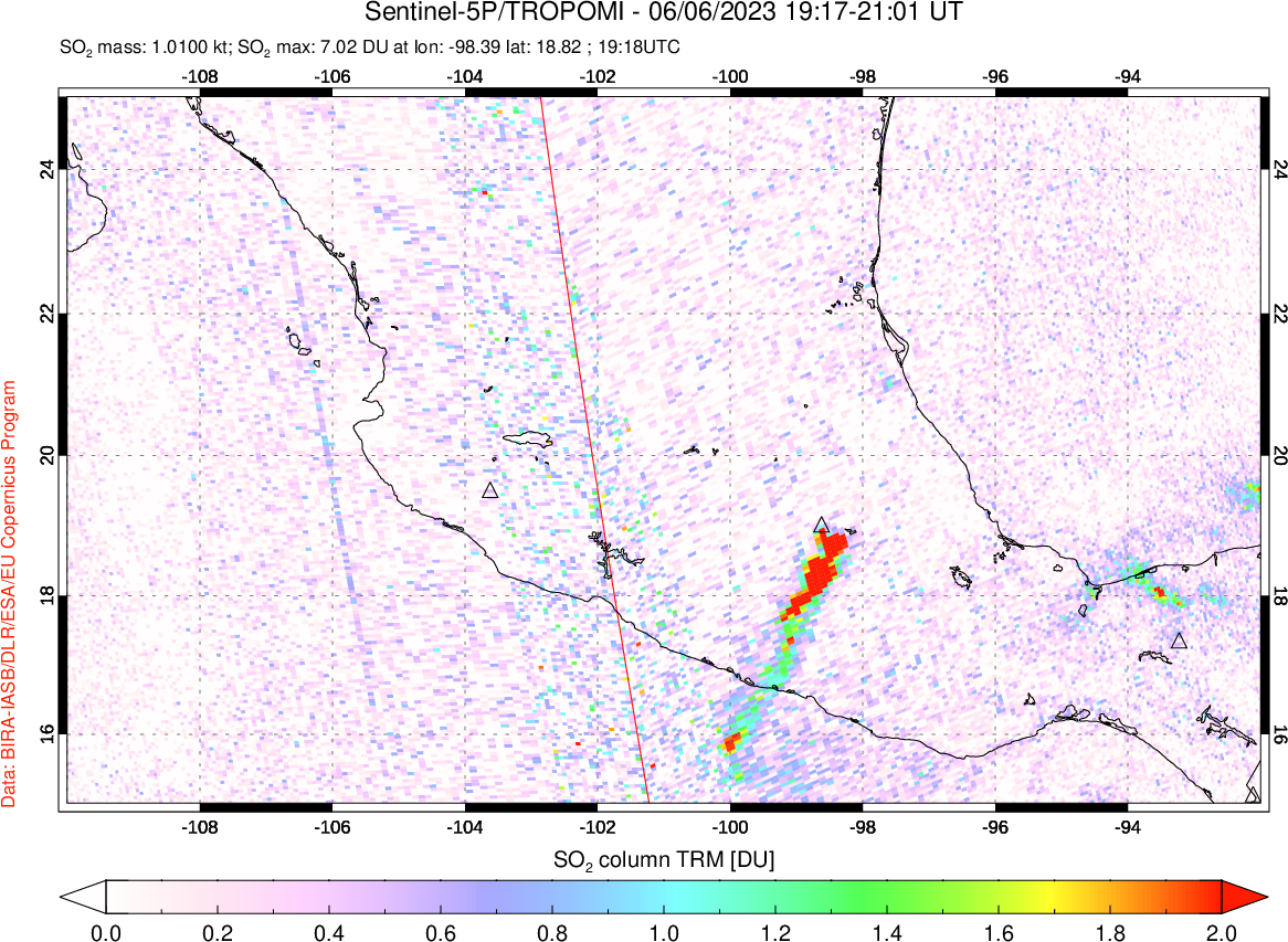 A sulfur dioxide image over Mexico on Jun 06, 2023.