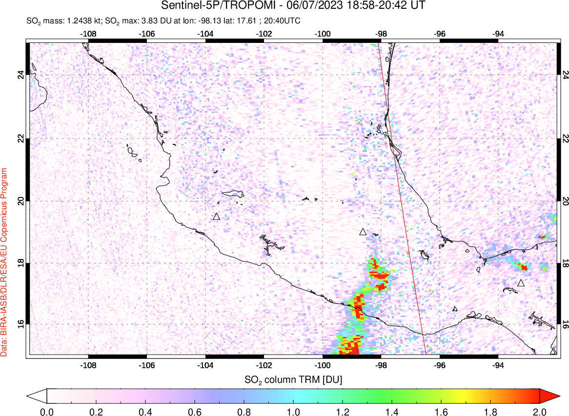A sulfur dioxide image over Mexico on Jun 07, 2023.