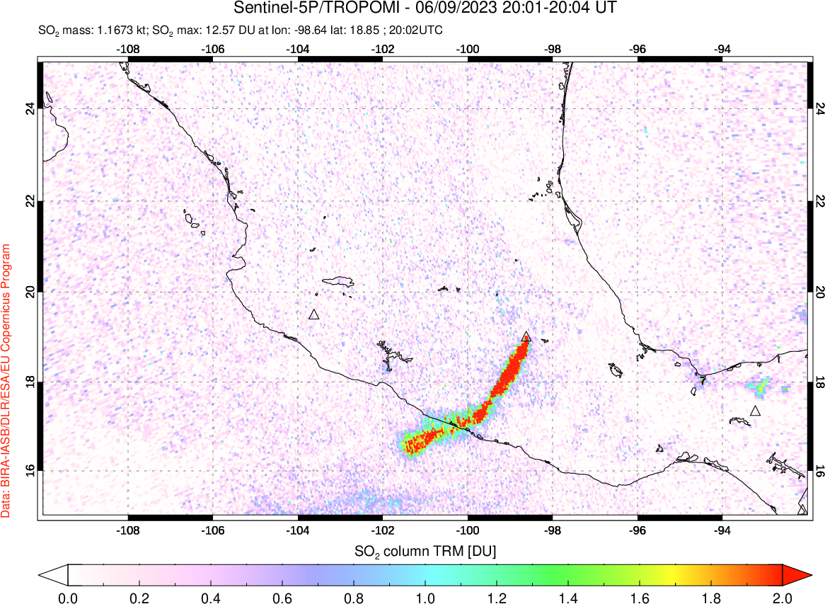 A sulfur dioxide image over Mexico on Jun 09, 2023.