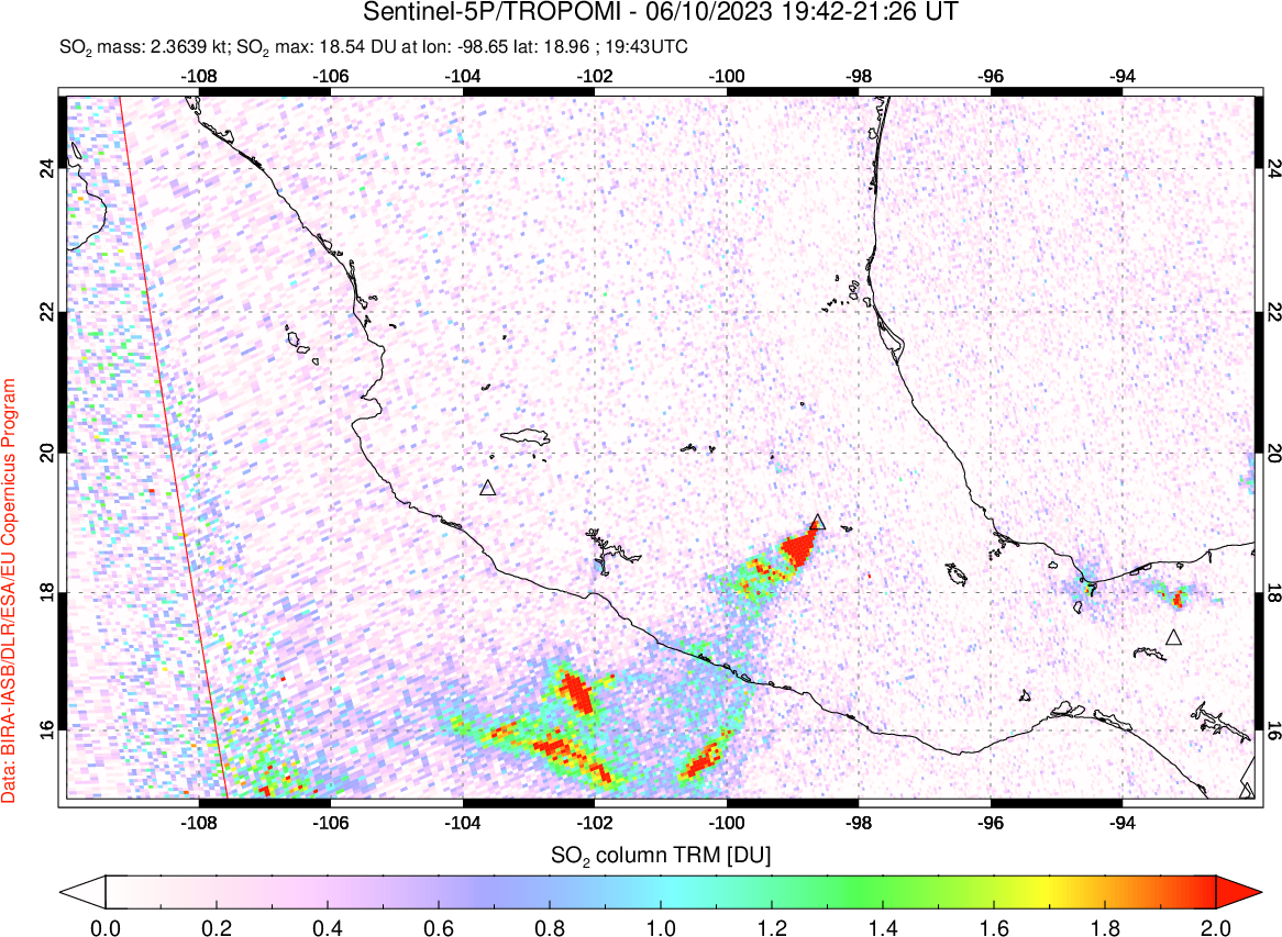 A sulfur dioxide image over Mexico on Jun 10, 2023.