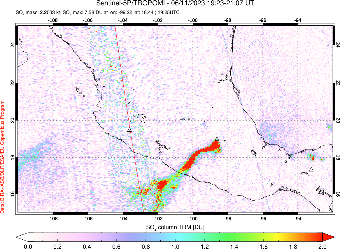 A sulfur dioxide image over Mexico on Jun 11, 2023.