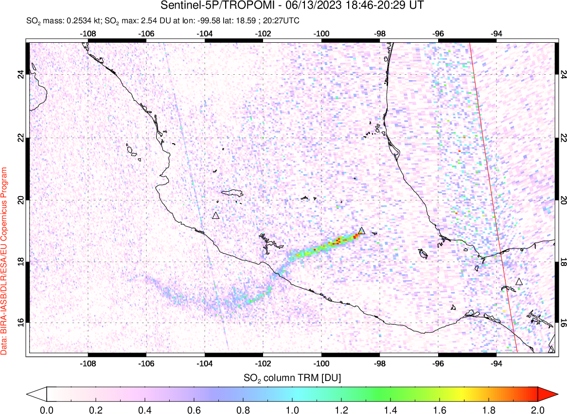 A sulfur dioxide image over Mexico on Jun 13, 2023.