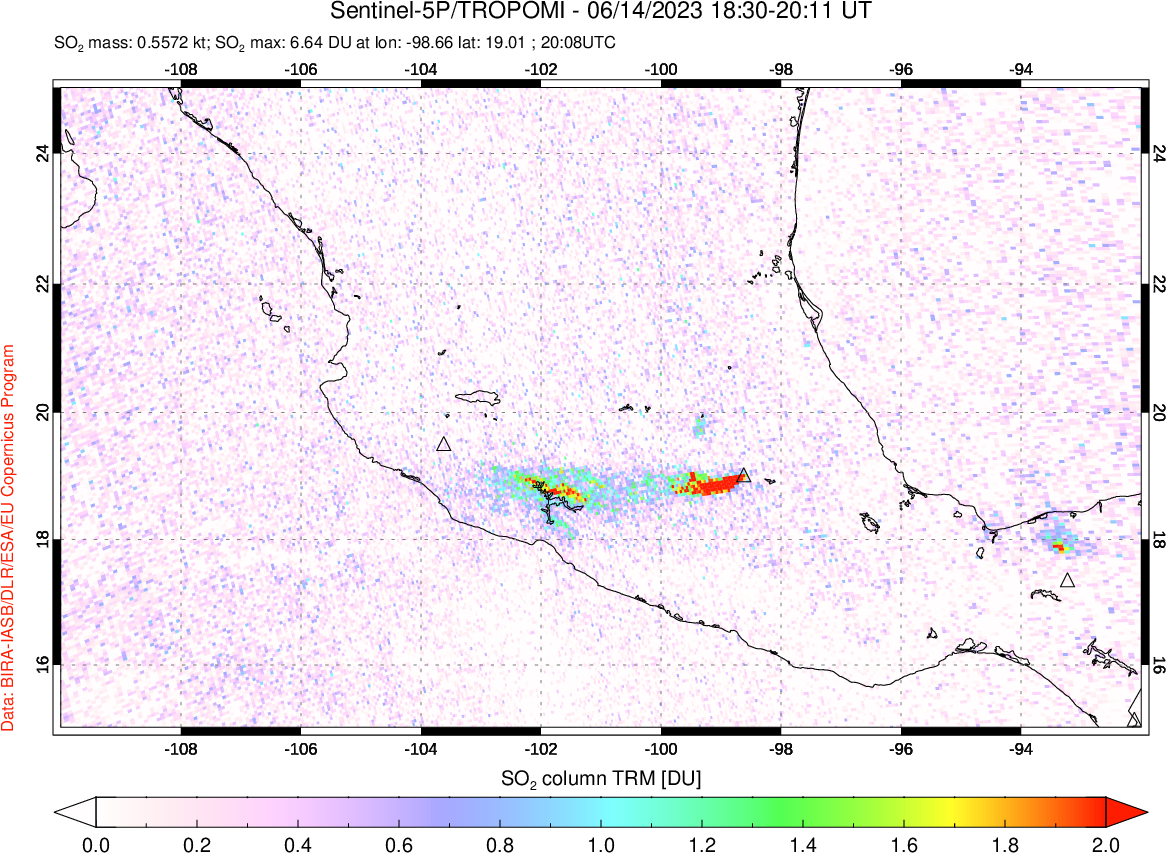 A sulfur dioxide image over Mexico on Jun 14, 2023.