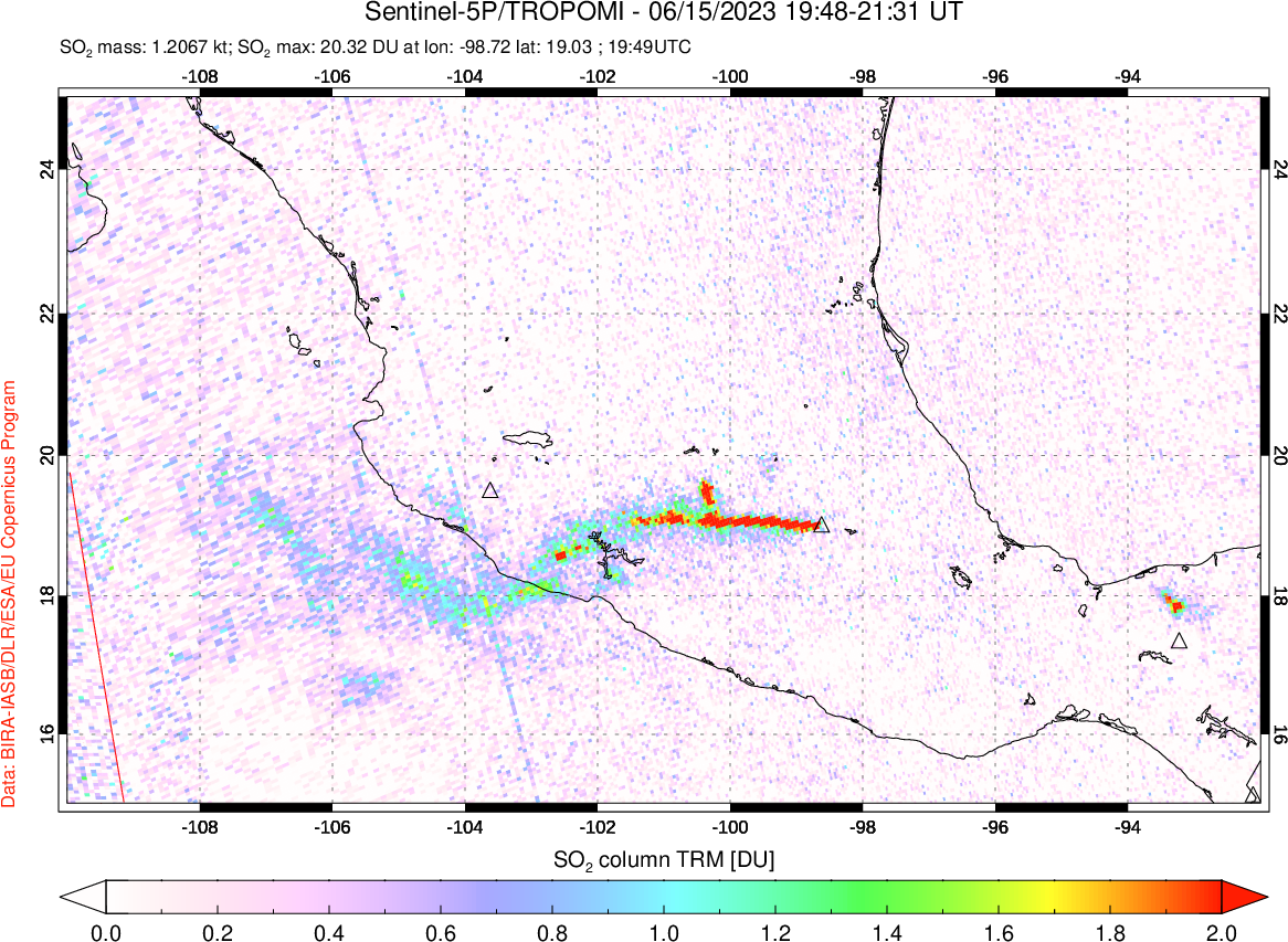 A sulfur dioxide image over Mexico on Jun 15, 2023.