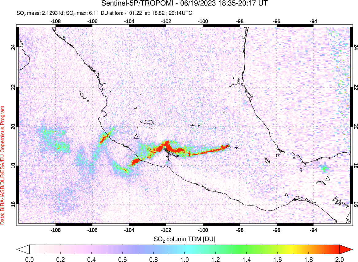 A sulfur dioxide image over Mexico on Jun 19, 2023.