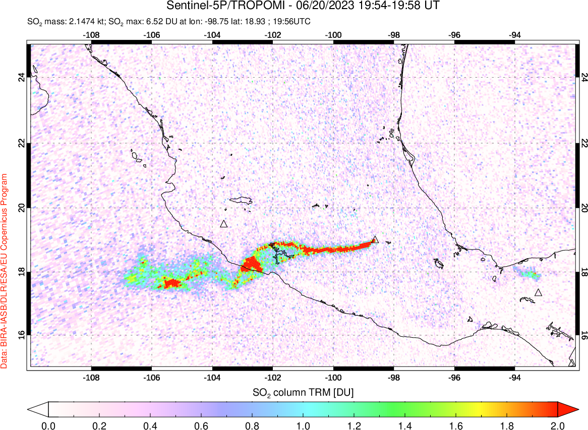 A sulfur dioxide image over Mexico on Jun 20, 2023.