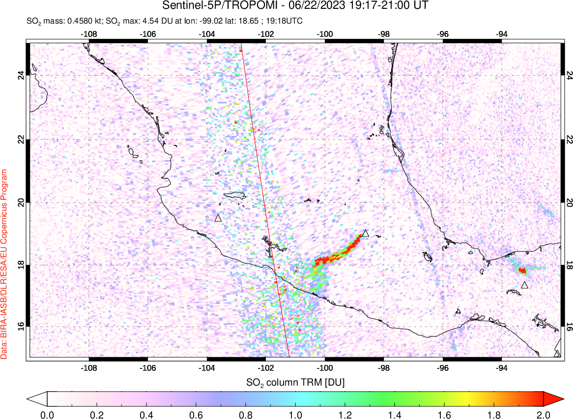 A sulfur dioxide image over Mexico on Jun 22, 2023.