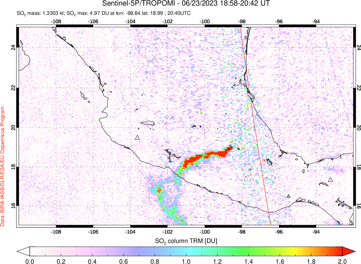 A sulfur dioxide image over Mexico on Jun 23, 2023.