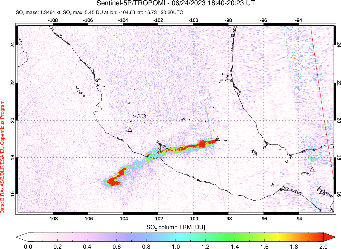 A sulfur dioxide image over Mexico on Jun 24, 2023.