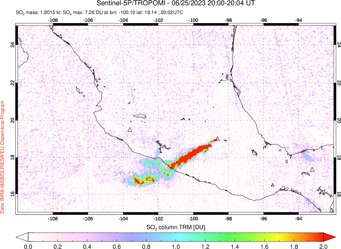 A sulfur dioxide image over Mexico on Jun 25, 2023.