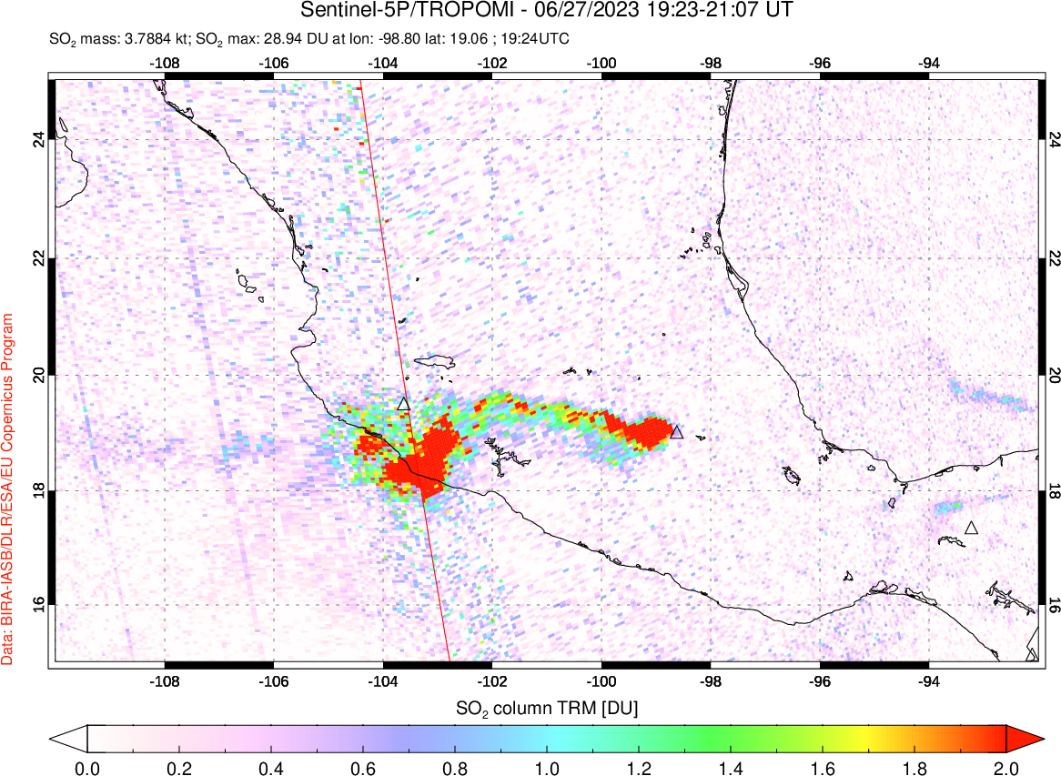 A sulfur dioxide image over Mexico on Jun 27, 2023.