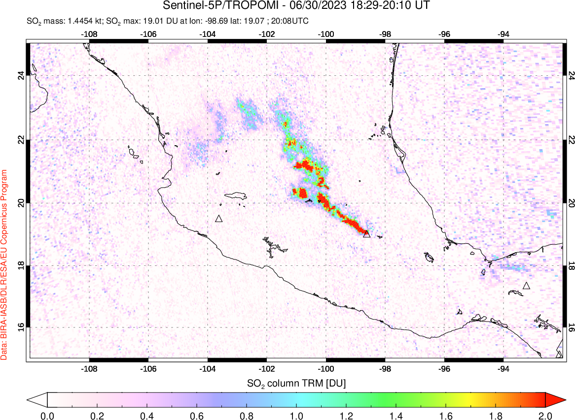 A sulfur dioxide image over Mexico on Jun 30, 2023.