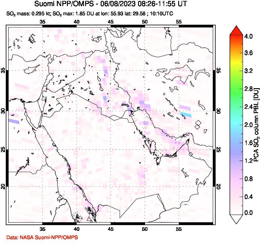 A sulfur dioxide image over Middle East on Jun 08, 2023.