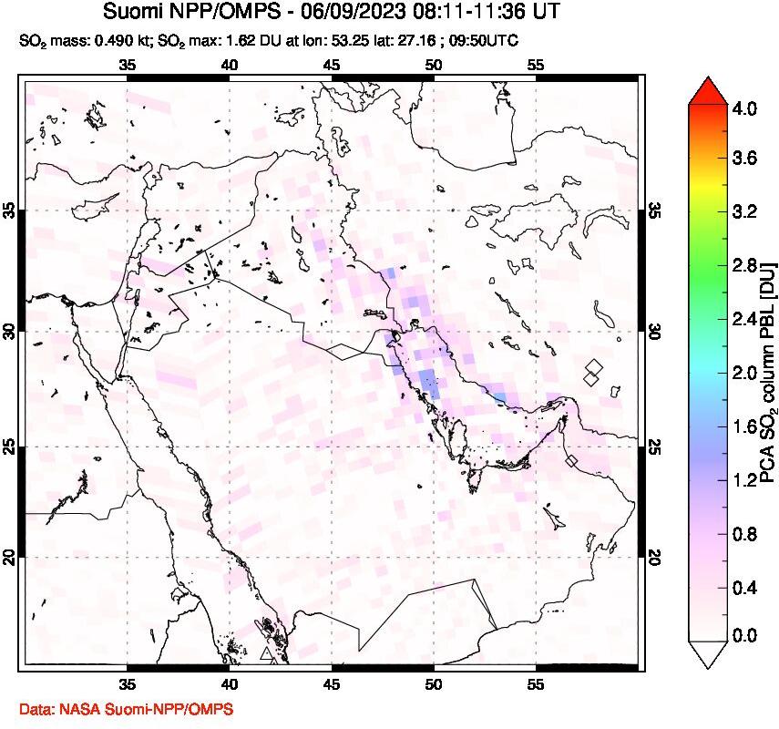 A sulfur dioxide image over Middle East on Jun 09, 2023.