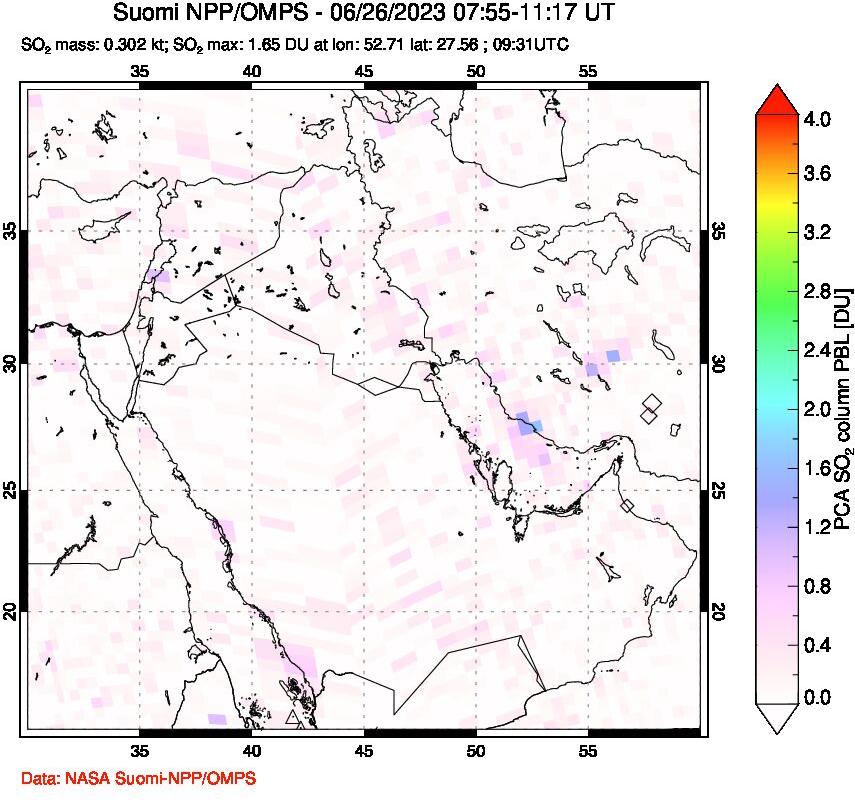 A sulfur dioxide image over Middle East on Jun 26, 2023.