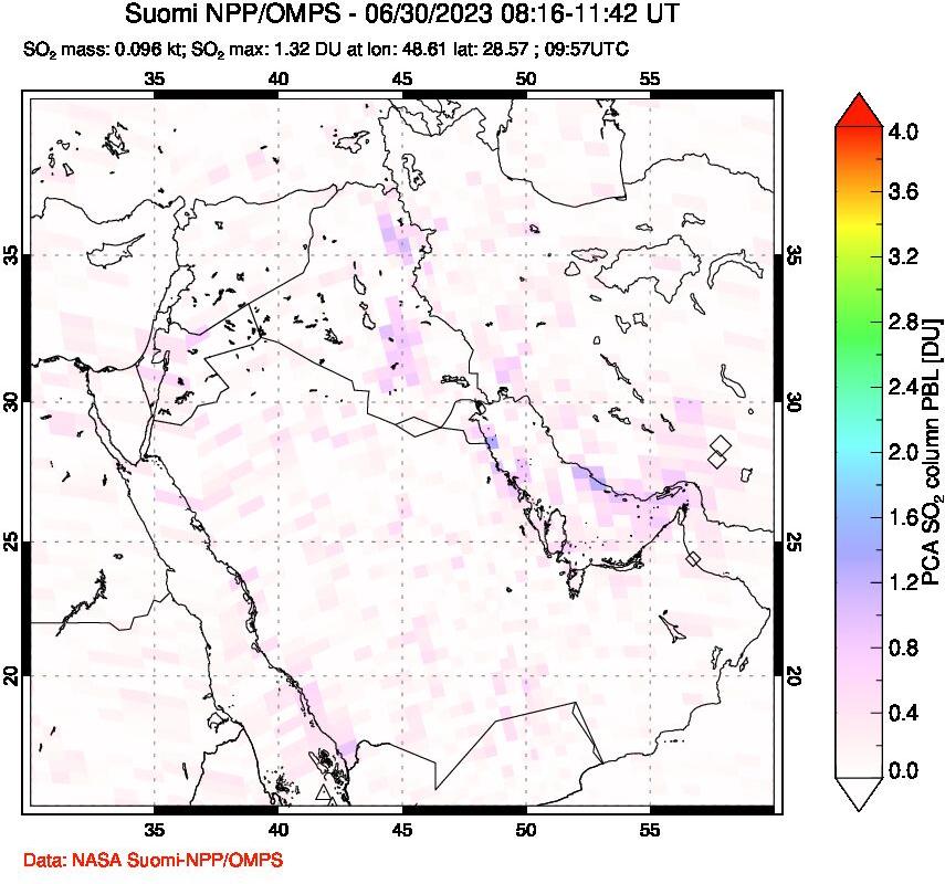A sulfur dioxide image over Middle East on Jun 30, 2023.