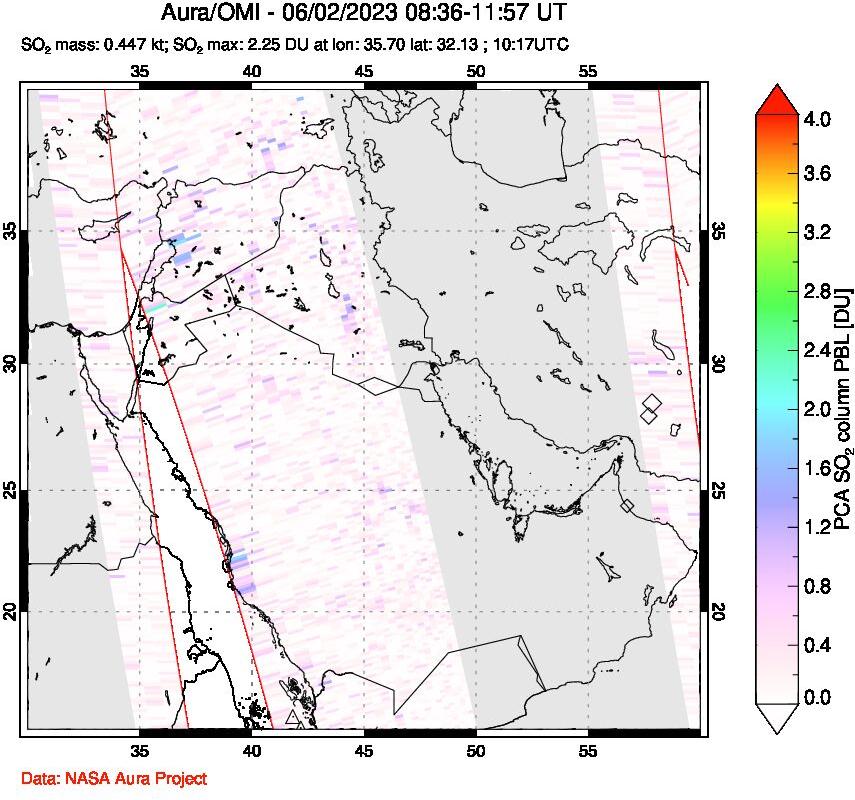 A sulfur dioxide image over Middle East on Jun 02, 2023.