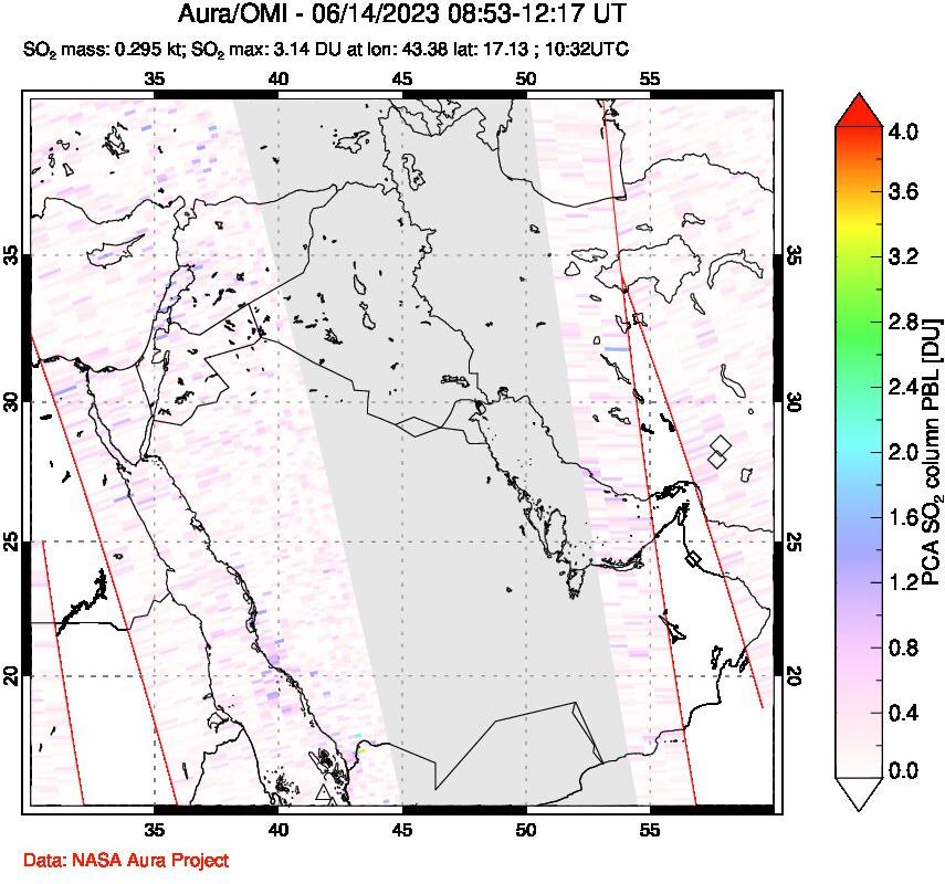 A sulfur dioxide image over Middle East on Jun 14, 2023.