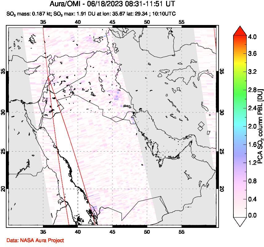 A sulfur dioxide image over Middle East on Jun 18, 2023.