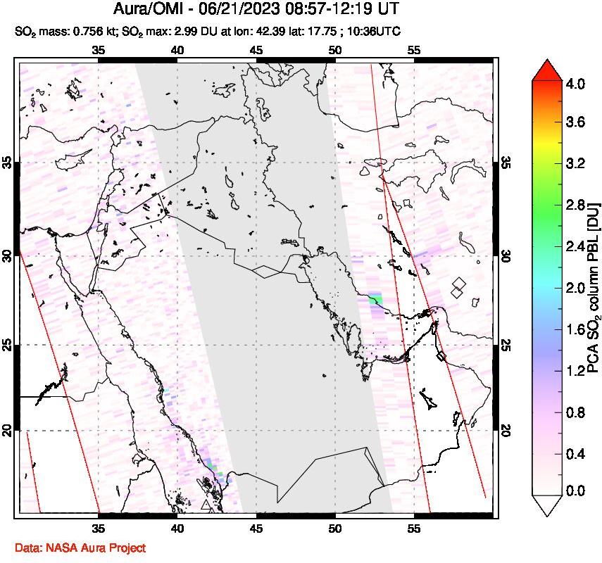 A sulfur dioxide image over Middle East on Jun 21, 2023.