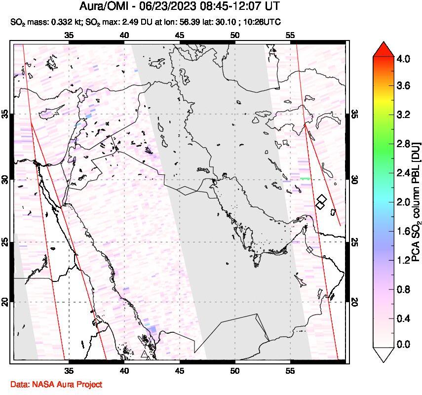 A sulfur dioxide image over Middle East on Jun 23, 2023.