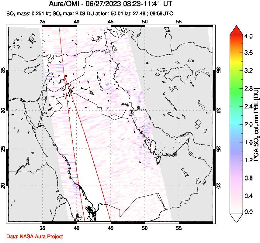 A sulfur dioxide image over Middle East on Jun 27, 2023.