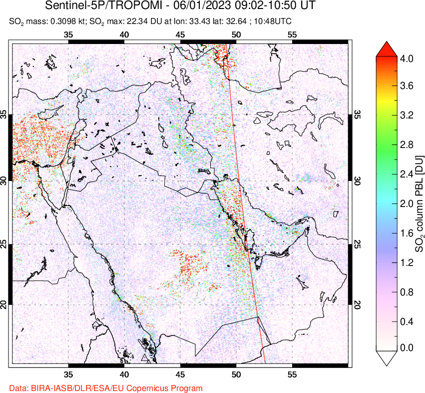 A sulfur dioxide image over Middle East on Jun 01, 2023.
