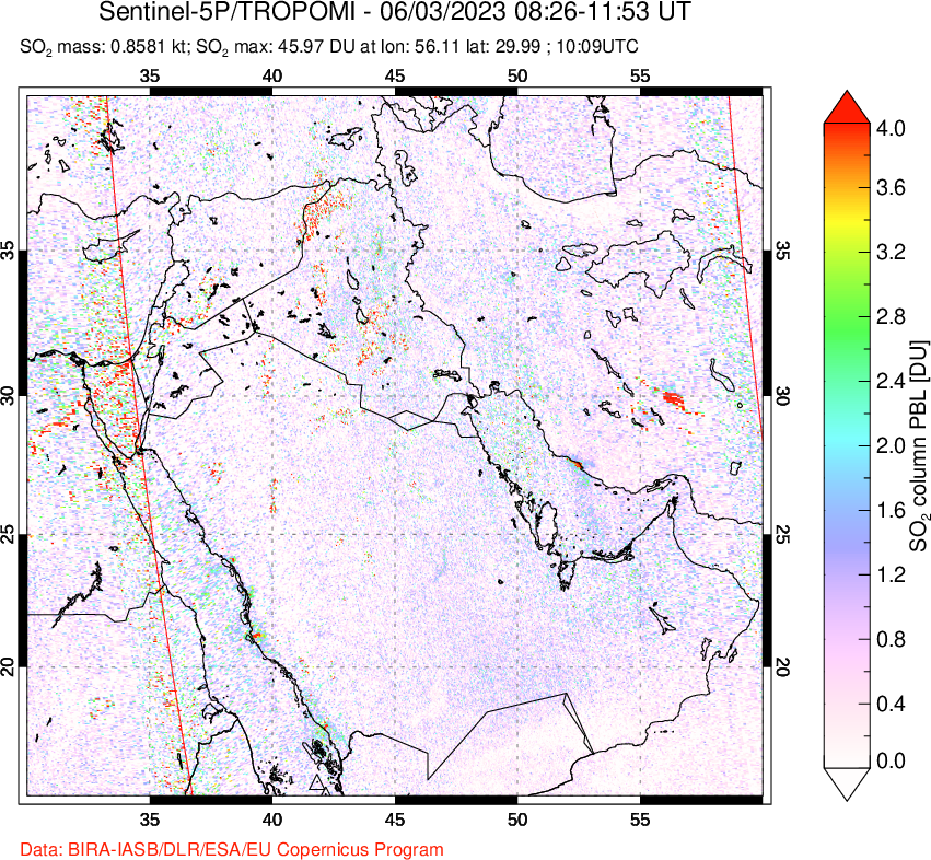 A sulfur dioxide image over Middle East on Jun 03, 2023.