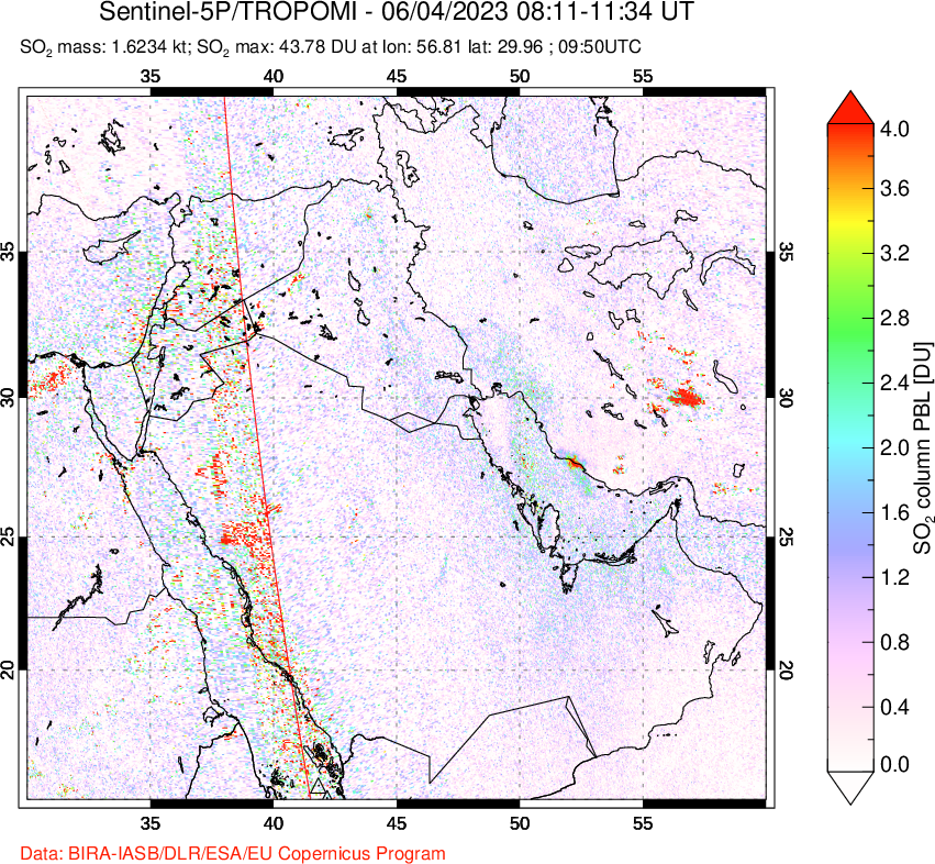 A sulfur dioxide image over Middle East on Jun 04, 2023.