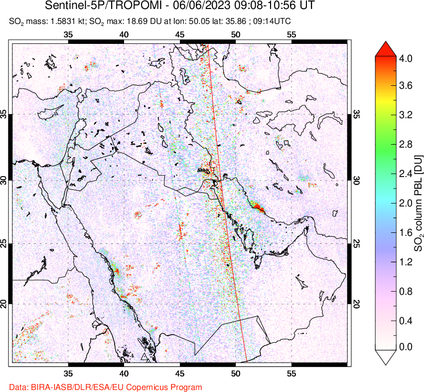 A sulfur dioxide image over Middle East on Jun 06, 2023.