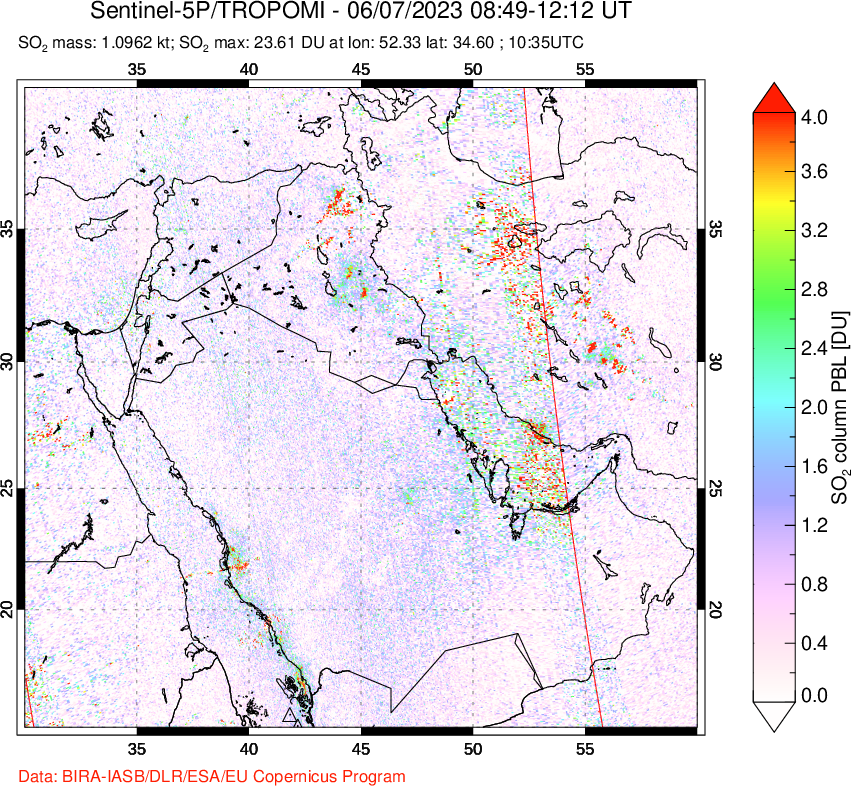 A sulfur dioxide image over Middle East on Jun 07, 2023.