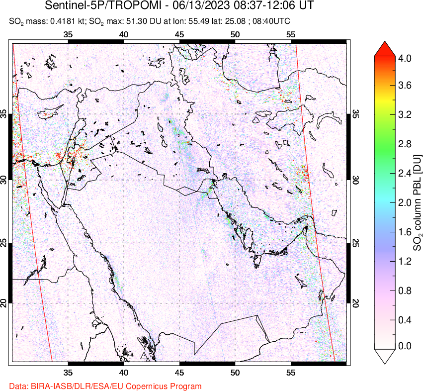 A sulfur dioxide image over Middle East on Jun 13, 2023.