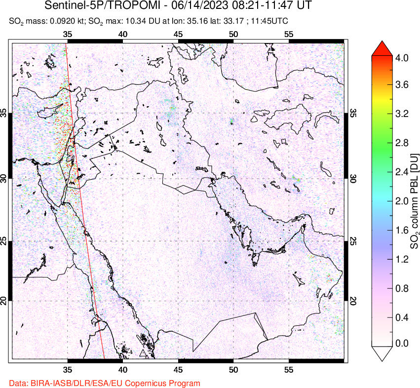 A sulfur dioxide image over Middle East on Jun 14, 2023.