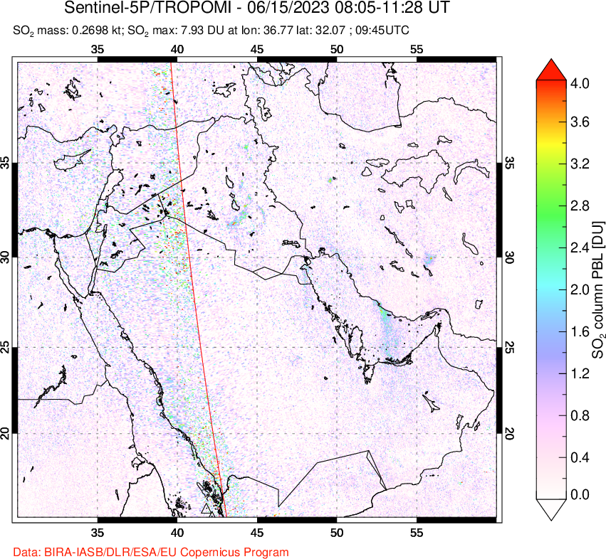A sulfur dioxide image over Middle East on Jun 15, 2023.