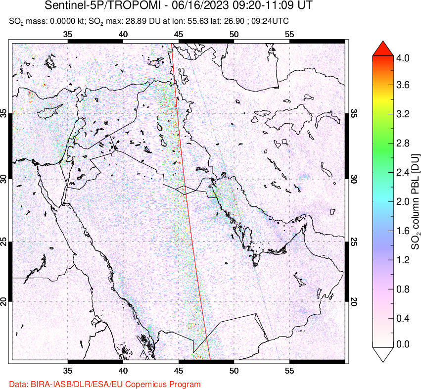 A sulfur dioxide image over Middle East on Jun 16, 2023.