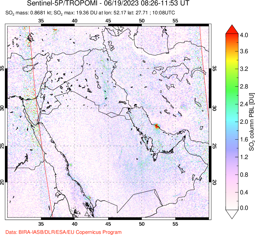 A sulfur dioxide image over Middle East on Jun 19, 2023.