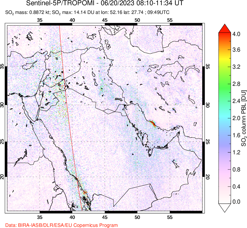 A sulfur dioxide image over Middle East on Jun 20, 2023.