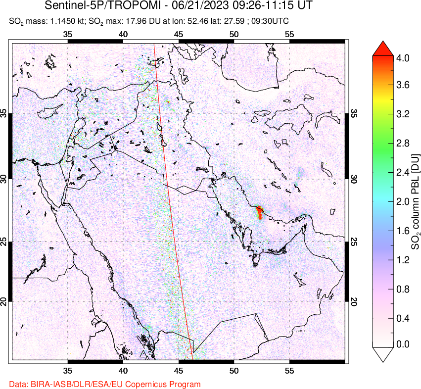 A sulfur dioxide image over Middle East on Jun 21, 2023.