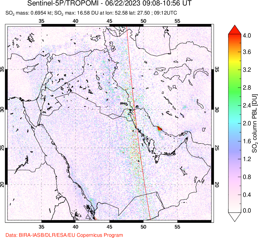 A sulfur dioxide image over Middle East on Jun 22, 2023.