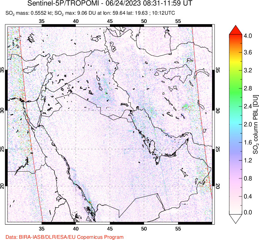 A sulfur dioxide image over Middle East on Jun 24, 2023.