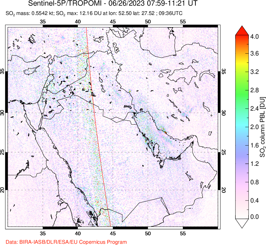 A sulfur dioxide image over Middle East on Jun 26, 2023.