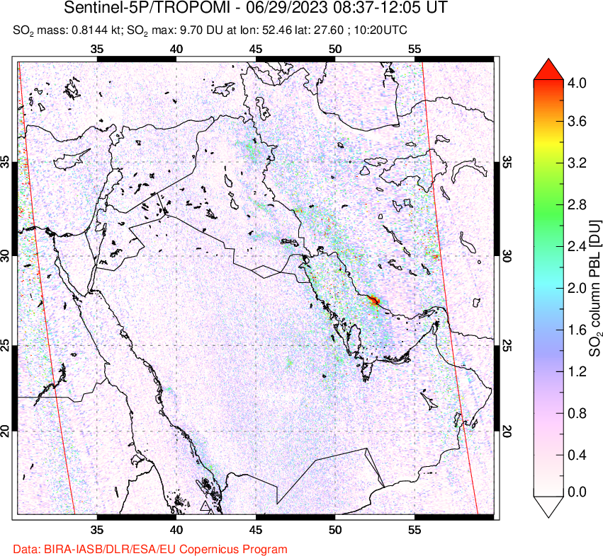 A sulfur dioxide image over Middle East on Jun 29, 2023.