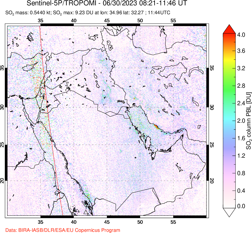 A sulfur dioxide image over Middle East on Jun 30, 2023.
