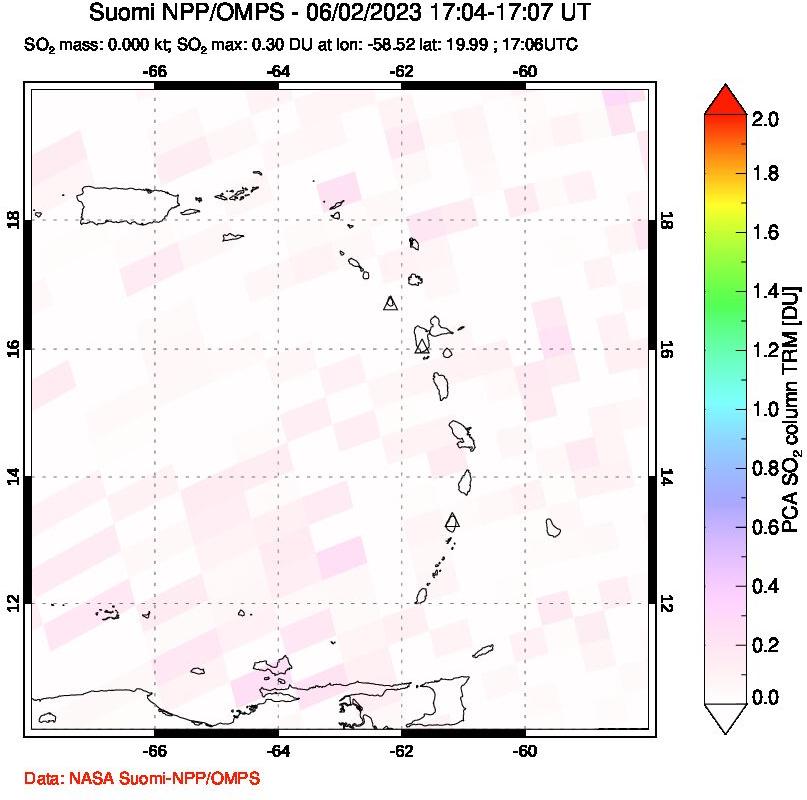 A sulfur dioxide image over Montserrat, West Indies on Jun 02, 2023.